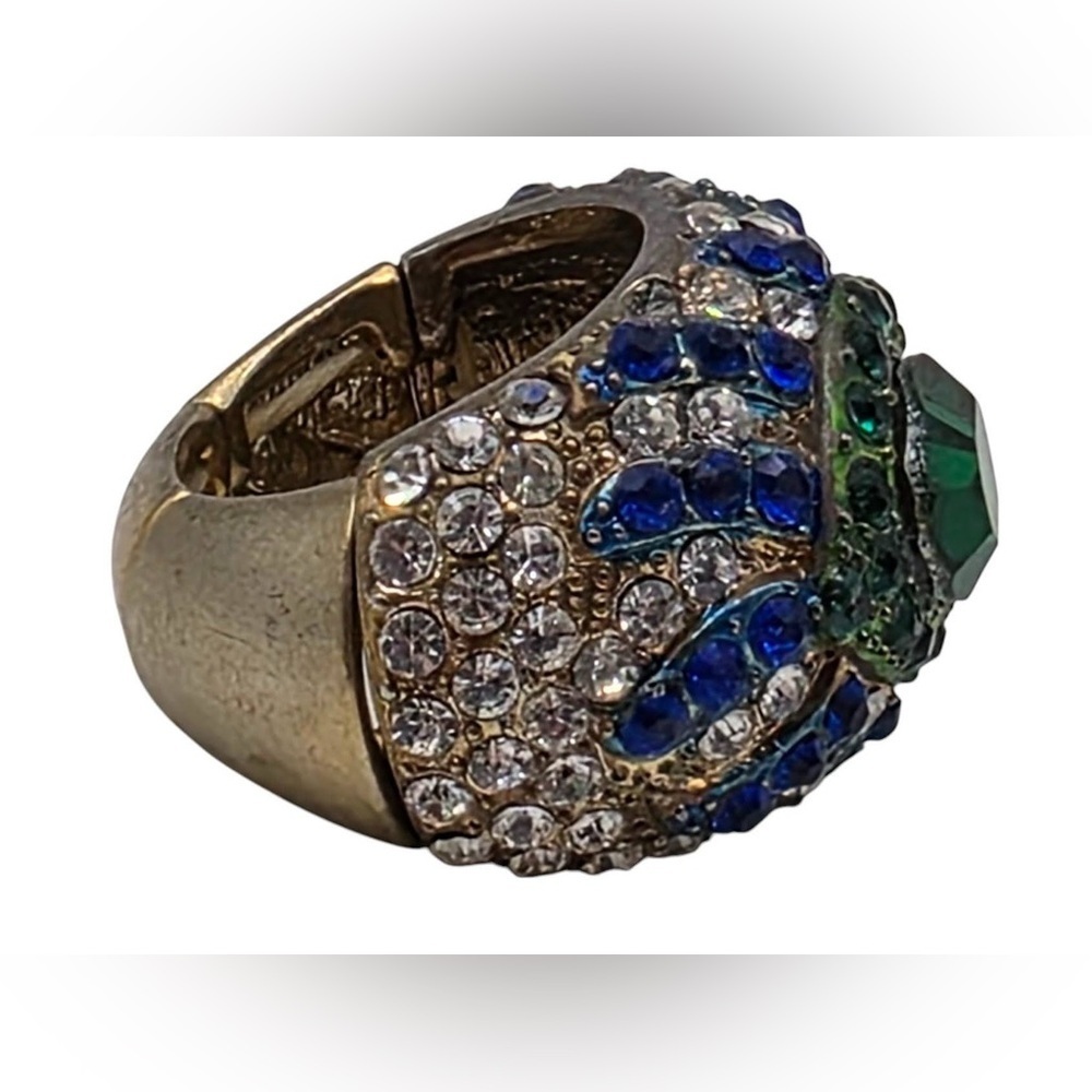 Emerald Green Crystal Statement Blue Clear Rhinestone Halo Vintage Cocktail Ring - Picture 3 of 5